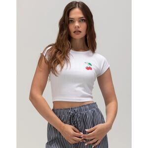 Roxy Women's T-Shirt Cherries Ribbed Knit Cap Sleeve Cropped Raglan Tee Top